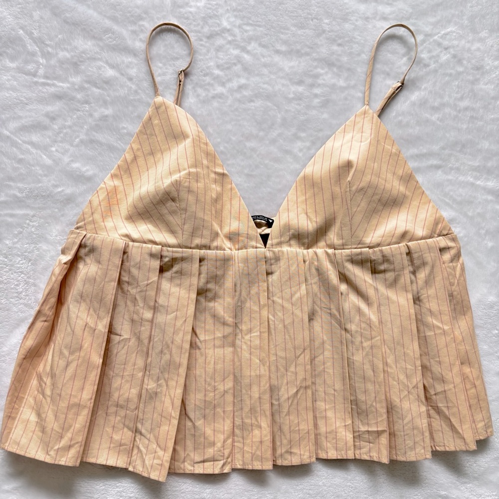 ZARA Pleated Cropped Spaghetti Strap Striped Tank Top--NWT--L - Picture 8 of 15